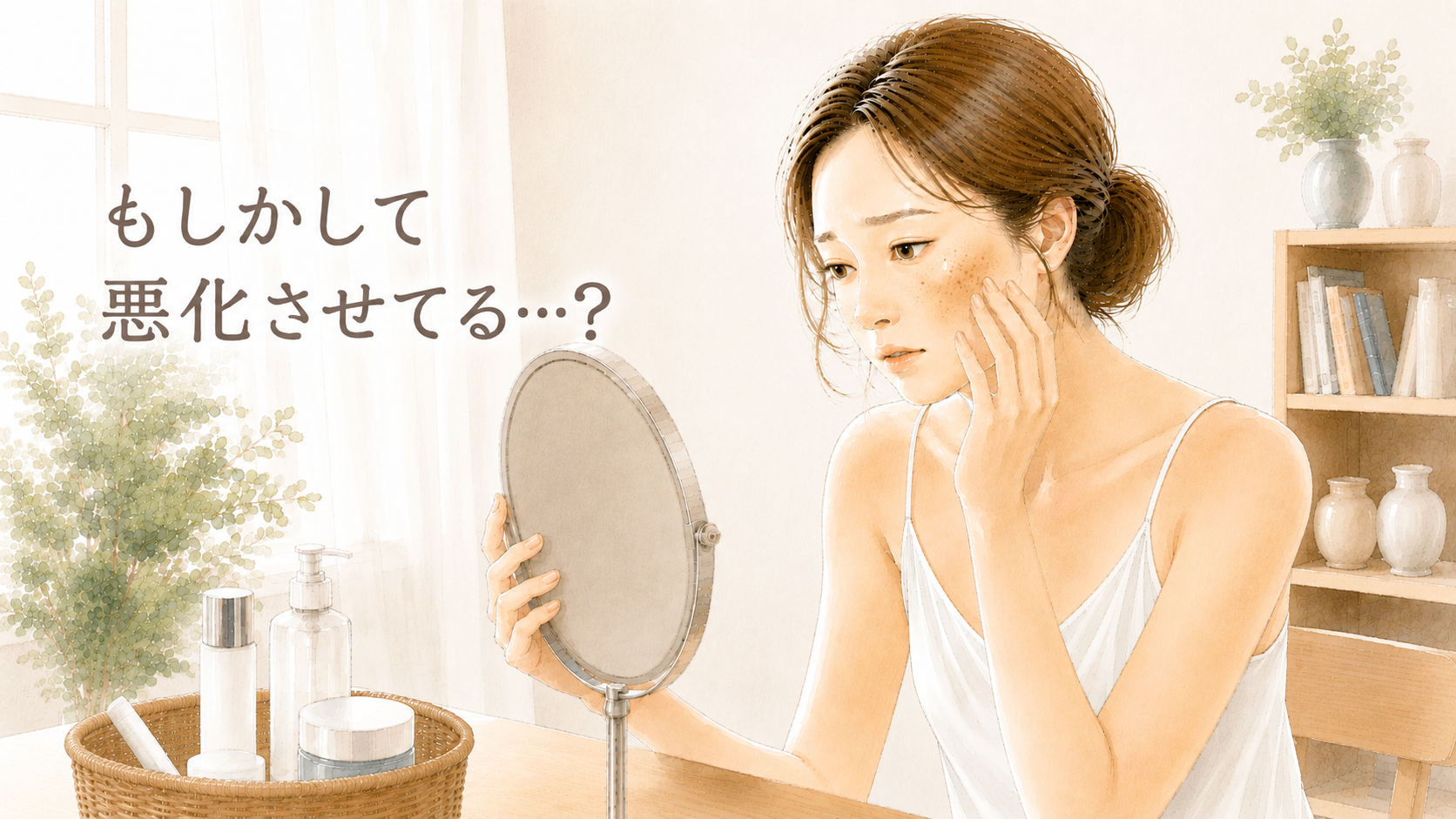 鏡を見ながらシミや肝斑に悩む女性のイラスト。スキンケアによる摩擦や肌悩みをイメージした16:9のアイキャッチ画像。