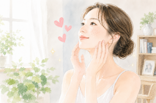 自分に合った丁寧なケアを心がけ、前向きで晴れやかな笑顔を見せる女性のイメージイラスト