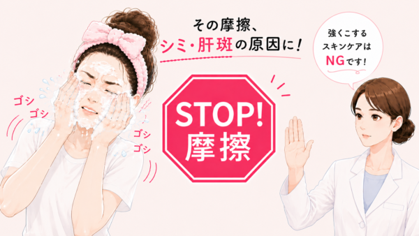 ゴシゴシ洗顔による摩擦がシミや肝斑の原因になることを解説した16:9の図解。強く擦る女性と、NGを伝える医師のイラスト入り。